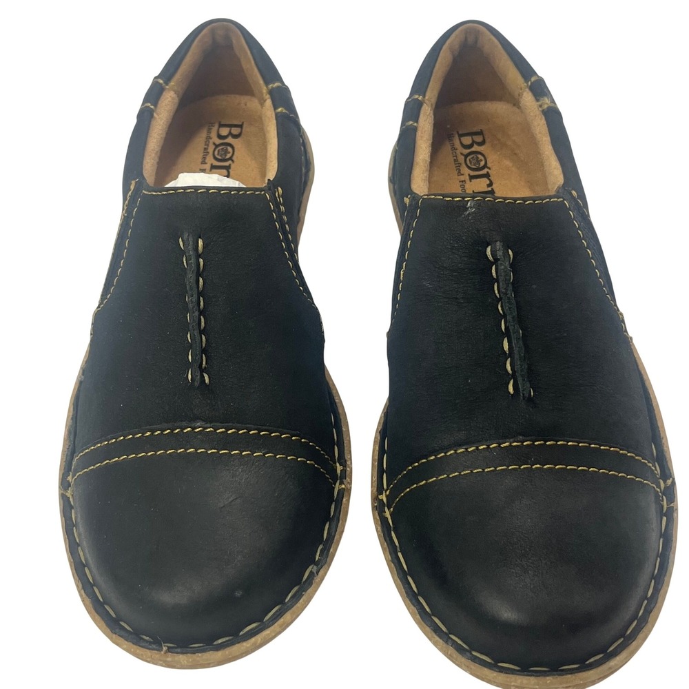 Born Nampa Black Leather Slip On Loafers Center Stitch Seam Cap Toe Size 8.5 New